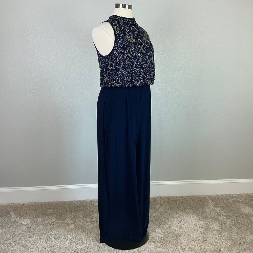 Adrianna Papell Blue Jumpsuit Beaded Wide-Leg Pant Sleeveless Halter Size 18 - Picture 3 of 12
